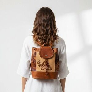 Vintage Mexican Hand-Tooled Leather Backpack Brown Floral Design